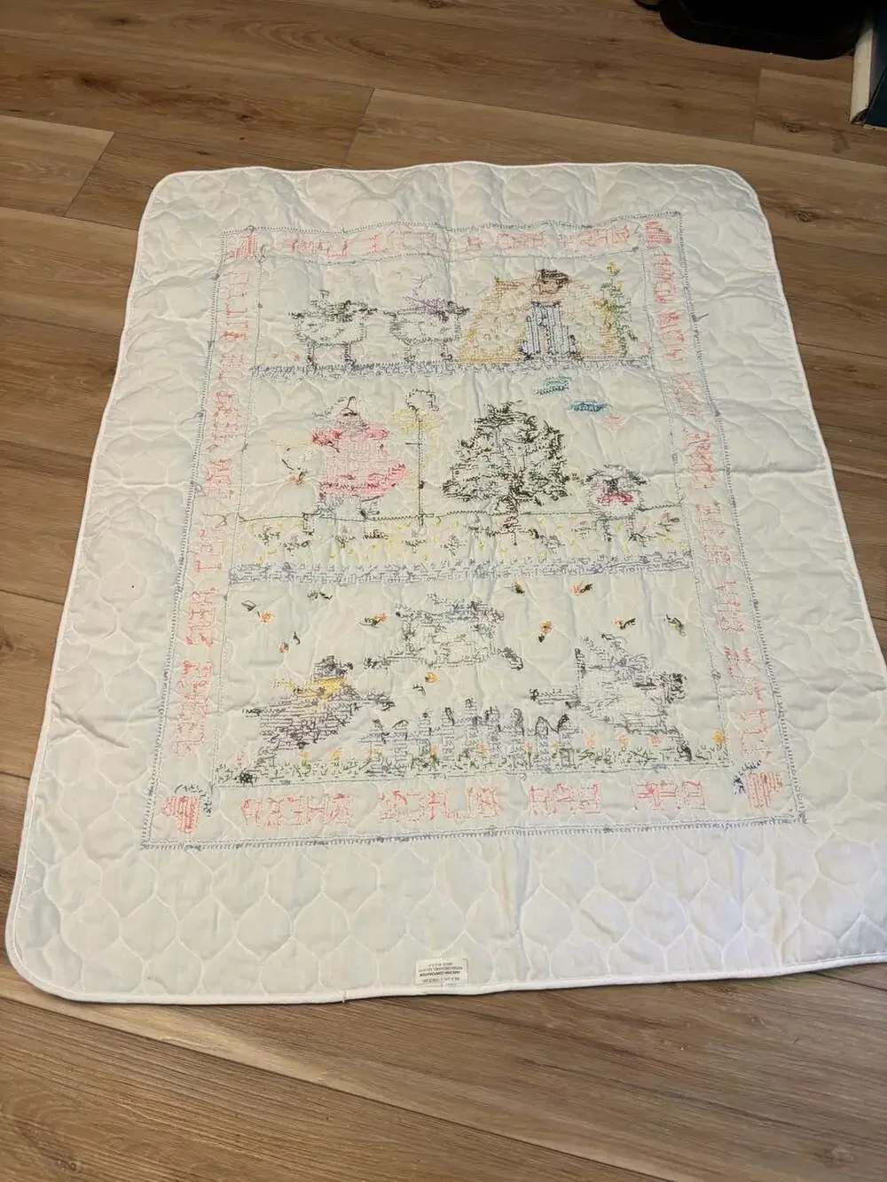 Vintage Hand-Stitched Nursery Rhyme Cross-Stitch Quilt